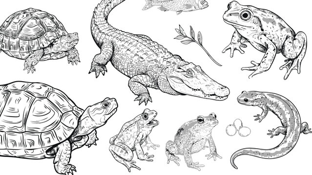 Reptiles and amphibians sketch vector set, hand drawn wild animals elements collection with crocodile, turtles, frogs, and newt isolated on white background