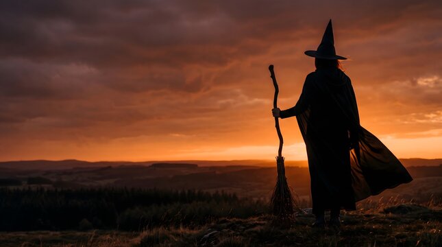 Silhouette of a witch with broomstick against dramatic sunset sky, mystical and Halloween theme halloween concept, festive background, copy space