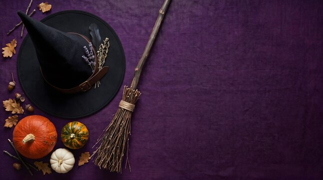 Halloween witch hat, broom, pumpkin and fall leaf decor on purple background, spooky season and autumn celebration halloween concept, festive background, copy space