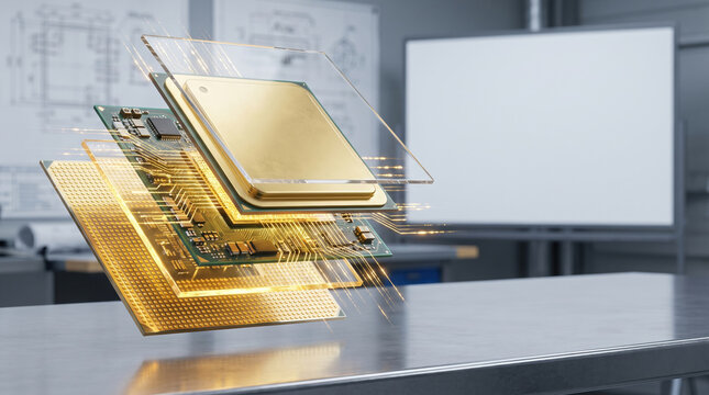 Exploded view golden computer chip with circuit board layers floating above metallic table in modern lab
