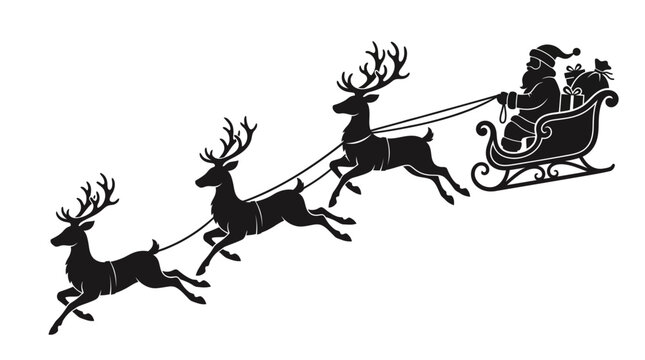 Santa claus flying with his reindeer team pulling a heavy wooden sleigh of holiday gifts