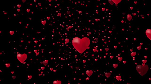 love red hearts flying animation, heart flying on black  background. Many love hearts video particles background . red heart confetti  particle element.  Valentine's day, propose day, celebration.