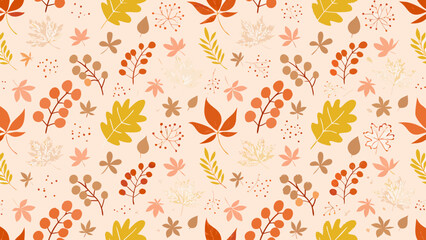 Autumn leaves and berry branches form a seamless repeating floral pattern on a pale peach background fall © Bikas