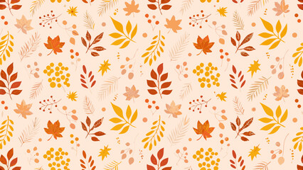 Autumn leaf and berry floral ornament with repeating pattern on a light peach background fall foliage leaves © Bikas
