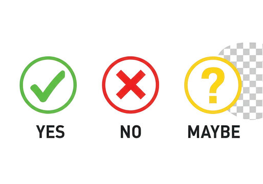 Minimalist voting icons set, green check yes red cross no and yellow question mark maybe symbols, circular choice buttons for survey and feedback