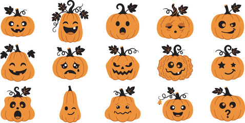 Naklejka premium A collection of fifteen cute and spooky hand drawn pumpkin illustrations featuring various funny facial expressions for autumn holiday and halloween decoration design projects