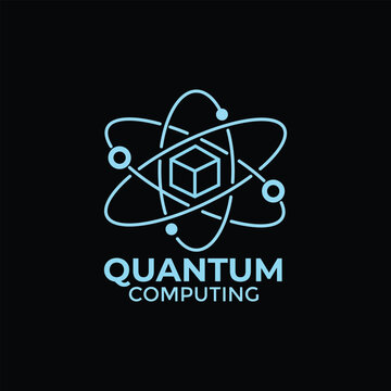 Quantum computing atom orbit logo design with 3D cube technology concept