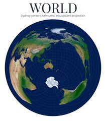 World Map. Azimuthal Equidistant projection. High detail physical Earth map centered on Sydney, lat -33.9, lon 151.2. True distances from center point. © Eugene Ga