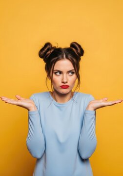 Portrait of a Doubtful Young Woman with Space Buns Shrugging Her Shoulders on Yellow Background