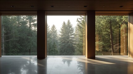 Fototapeta premium Modern Interior with Panoramic Forest View Through Large Windows.