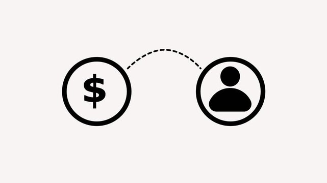 White Dollar Sign Coin Connected by A Dashed Line to an Empty Circle on a Light Beige Background Representing Financial Transactions or Money Transfer Concepts.
