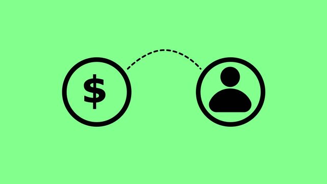 Simple of a dollar coin connected by a dashed line to an empty circle on a bright green background representing financial transfer or exchange concepts.