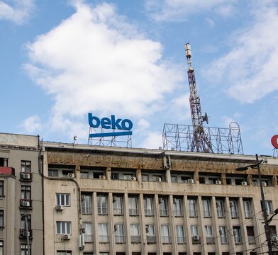 Belgrade,Serbia-July 12,2018.Image shows the metal sign of Turkish company Beko placed on the top of a building.