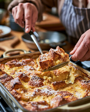 Homemade bread pudding comfort food dessert with creamy filling in rustic baked dish with golden crust and serving spoon