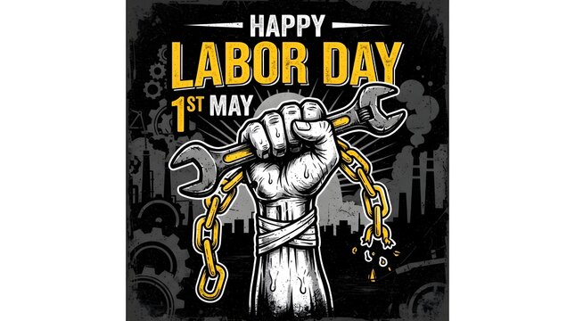 A vintage style illustration celebrating labor day featuring a strong worker hand holding a wrench with chains on a dark background