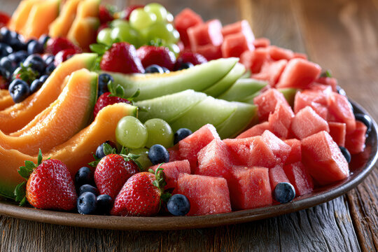 A vibrant platter of assorted fresh fruits including strawberries, blueberries, grapes, cantaloupe, honeydew melon, and watermelon, arranged artfully on a rustic wooden table.