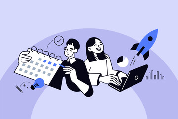 Naklejka na ściany i meble Creative business concept of startup and launch product or service. Vector illustration for web banner, social media banner, business presentation, marketing material. 