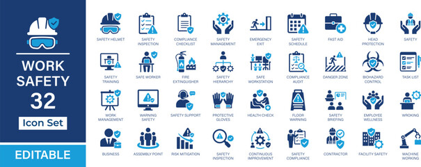 Naklejka premium Work Safety 36 editable solid icon set. Workplace safety, PPE, hazard prevention, compliance, risk assessment, emergency response and occupational health vector icons for UI, UX, web and app design.