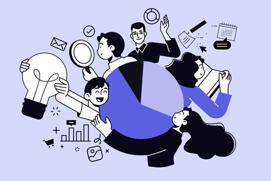 Creative business concept of market research, data analytics, management. Vector illustration for web banner, social media banner, business presentation, marketing material. 
