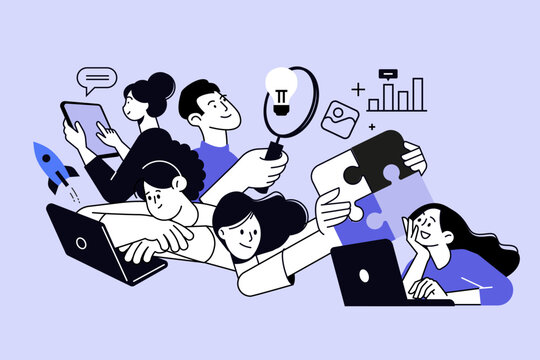 Creative business concept of teamwork, business process from idea to launch. Vector illustration for web banner, social media banner, business presentation, marketing material. 