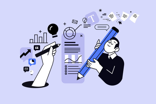 Creative business concept of content management, marketing analytics. Vector illustration for web banner, social media banner, business presentation, marketing material. 