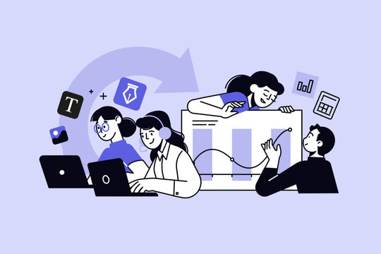 Creative business concept of design development and market research. Vector illustration for web banner, social media banner, business presentation, marketing material. 