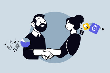 Obraz premium Creative business concept of partnership, arranging new business. Vector illustration for web banner, social media banner, business presentation, marketing material. 