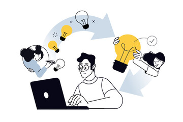 Obraz premium Exchange of ideas. Vector illustration for web banner, social media banner, business presentation, marketing material. 