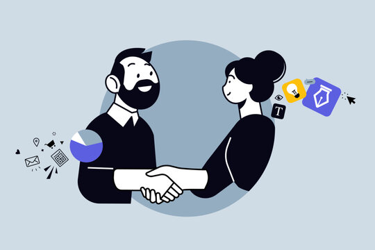 Creative business concept of partnership, arranging new business. Vector illustration for web banner, social media banner, business presentation, marketing material. 