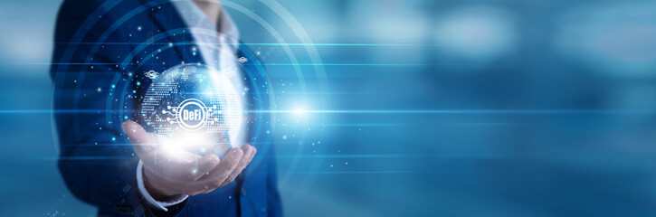Blockchain expert holding a handheld terminal analyzing DeFi decentralized finance protocols. Crypto trader swapping digital assets and managing smart contract liquidity pools efficiently. © FutureLogic Studio