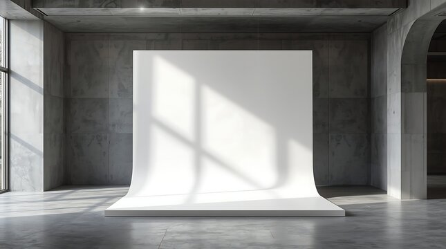 Empty photography studio with white cyclorama and concrete walls.