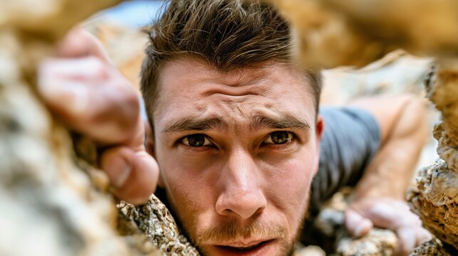 Closeup portrait of determined male rock climber on cliff.

