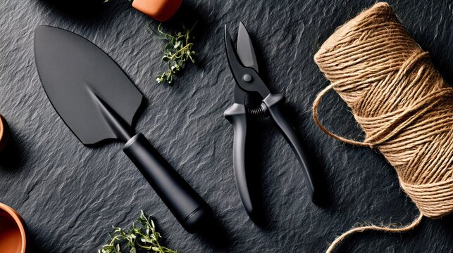 Black gardening tools and twine on dark slate background.

