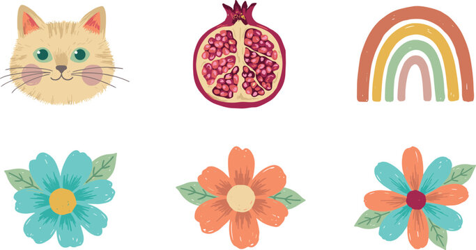 Cute Boho Sticker Set with Cartoon Cat Face Pomegranate Half Rainbow and Floral Elements in Pastel Colors for Kids Decor Stationery and Scrapbooking