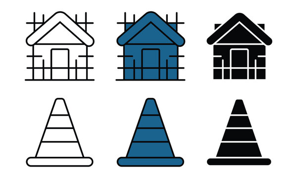 Set of house and traffic cone icons in three colors with transparent background