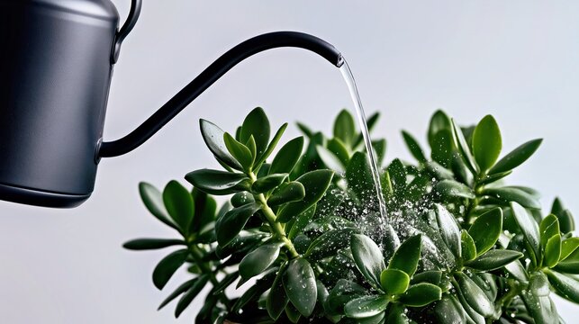 Elegant watering can pouring water on glossy houseplant leaves.

