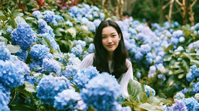 Young woman surrounded by blue hydrangea flowers in garden.

