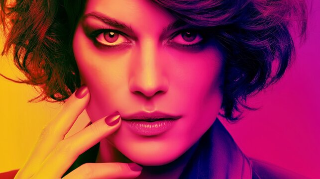 Vibrant pop art beauty portrait with neon color lighting.

