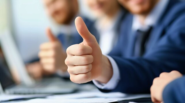 Business meeting closeup with thumbs up gesture for approval.

