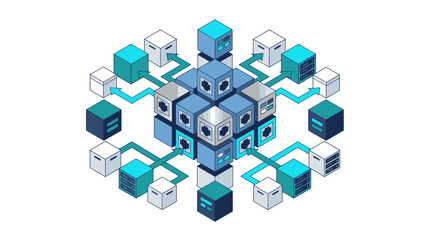 Naklejka premium Isometric Blockchain Network with Connected Cubes and Icons.