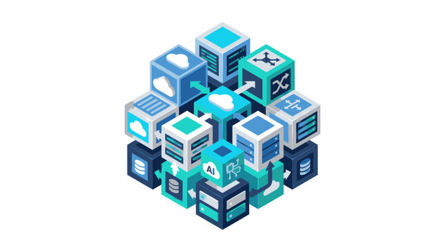Isometric stack of colorful technology server blocks.