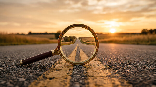 Magnifying glass focusing on road during sunset with open horizon scenery