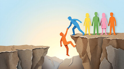Fototapeta premium Person helping another climb towards diverse group standing on higher ground