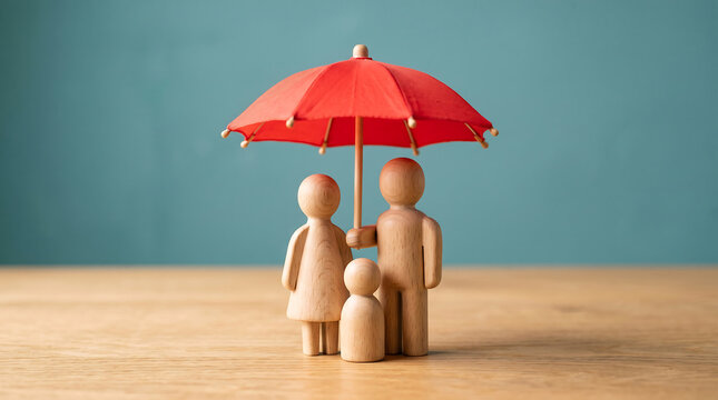 Wooden family figures holding red umbrella together on light wooden surface