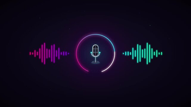 Neon microphone audio waveform animation podcast and voice recording concept