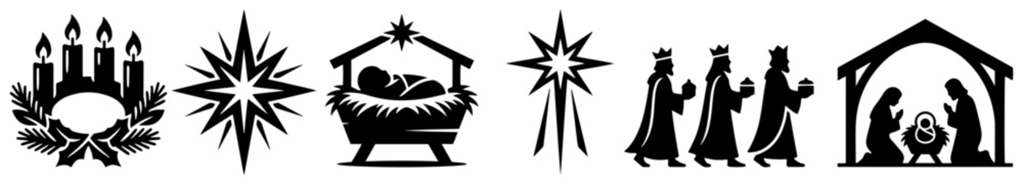 Christmas Nativity scene and Advent religious symbols silhouette collection