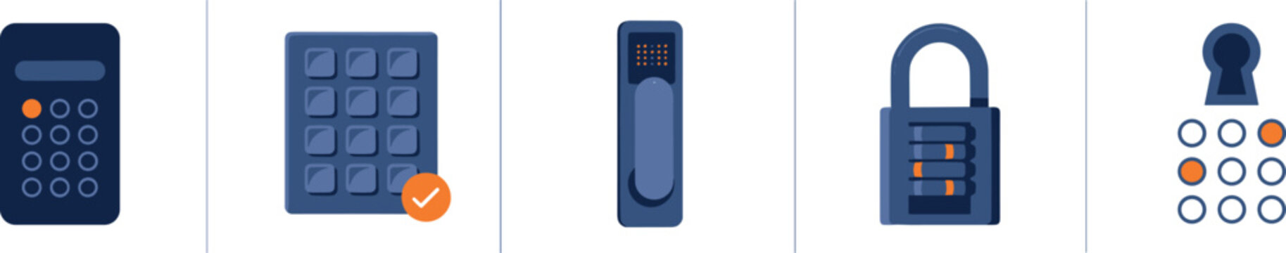 Dark Blue Safety Security and Access Control Icon Set Featuring Numeric Keypads Padlock Handle Lock and Keyhole Patterns for App Interface Designs