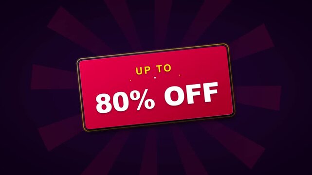 Up to 80% off sale promotion motion with red tag and dark purple background discount
