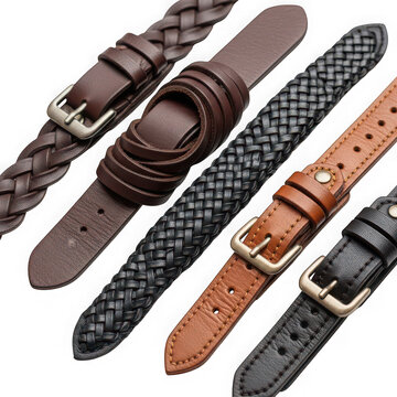 Collection of braided leather watch straps isolated on transparent