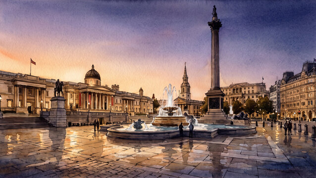 Hand drawn watercolor illustration of Trafalgar Square architecture and water fountains under twilight sky